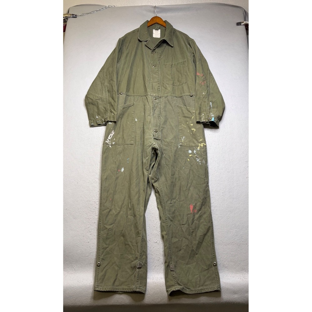 US Military Coveralls Men‎ XL Green Type 1 Cotton Sateen Vintage Distressed 80s